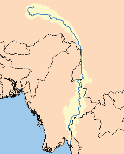 ภาพแสดงเส้นทางการไหลและพื้นที่ลุ่มน้ำของแม่น้ำสาละวิน (wikiwand.org)
